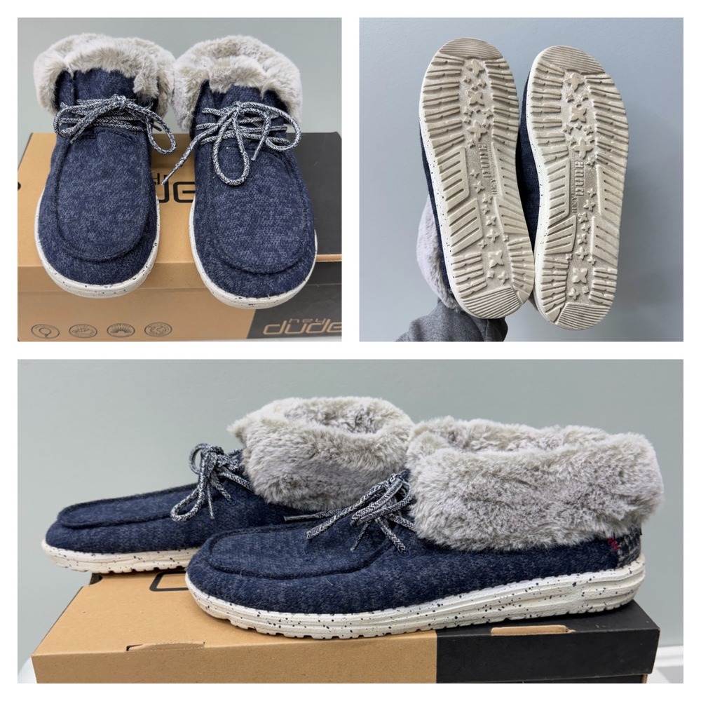 Hey Dude Britt Navy Blue Faux Fur Lined Ankle Boots Plaid 121772500 Womens 10